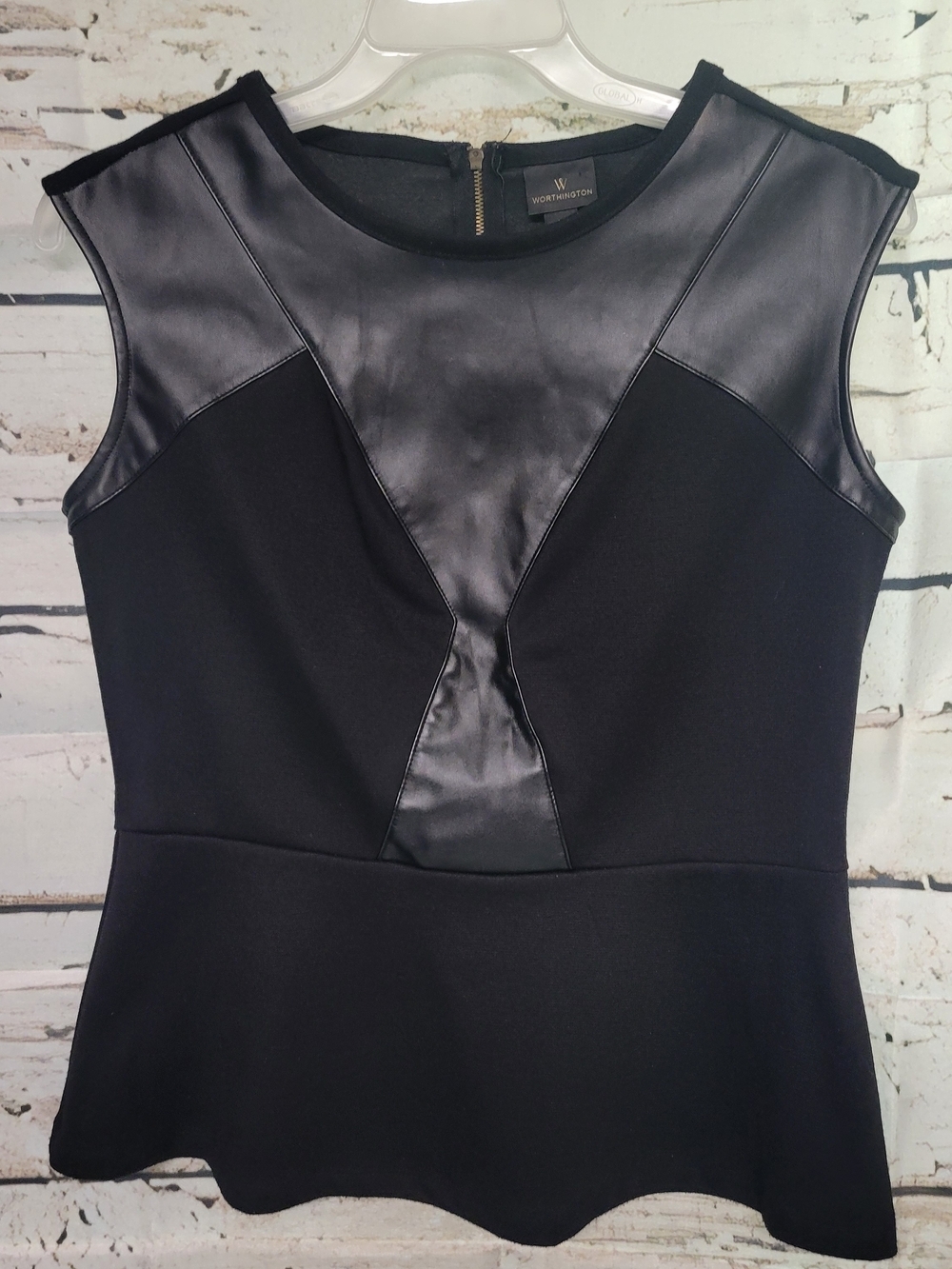 Worthington Black Faux Leather Panel Peplum Top Size M Sleeveless Career Chic
